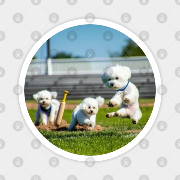 Pitch, Catch and Wag – Dogs Playing Baseball with Indigo Hmong Tribal Pattern Magnet by Pimcolle